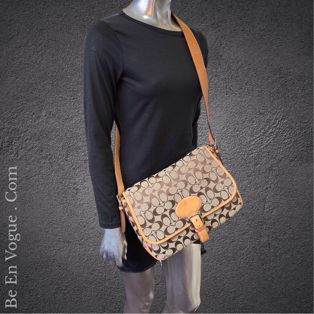 Coach Front Flap Signature Canvas Tan Leather Bag